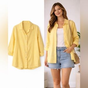 Blair Butter Yellow Button Up Shirt Large 100% Cotton Lightweight Casual Classic
